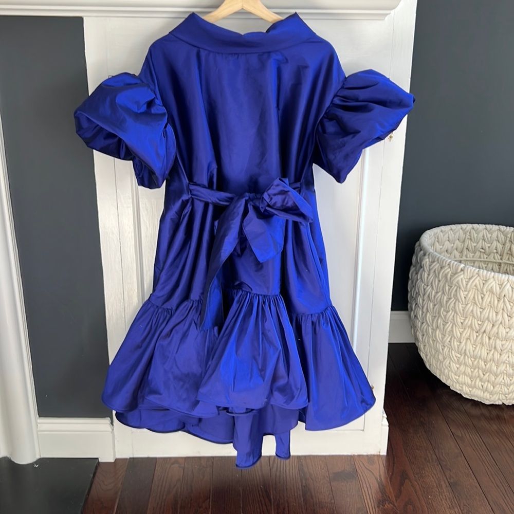 Amsale royal blue taffeta trapeze tie front dress size 12